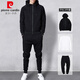 皮爾卡丹 衛衣套裝男士秋冬兩件套男裝韓版潮流百搭寬松運動(dòng)休閑服飾 黑色開(kāi)衫三件套-薄款 XL