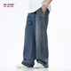 BJHG不計后果春季貓須紋理加厚直筒牛仔褲男款寬松潮牌美式復古闊腿褲 黃泥深藍 L