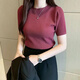 珞妮針織衫短袖t恤女春夏季新款修身套頭內(nèi)搭短款上衣女圓領(lǐng)打底衫 玫紅色 XL 建議115-125斤