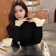 黑色半高領(lǐng)打底衫女秋冬加絨撞色純欲設計感喇叭袖荷葉邊內搭上衣 黑色 M