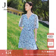 玖姿·安娜蔻V領(lǐng)雪紡連衣裙女裝夏款泡泡袖褶皺感淺藍(lán)色裙 花淺藍(lán) S