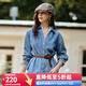 Olrain歐芮兒法式藍色牛仔襯衫女裝2025秋季新款翻領(lǐng)拼接花邊上衣 藍色 S