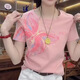 歐洛黛短袖t恤女夏裝2025新款寬松顯瘦圓領(lǐng)短袖上衣印花時尚百搭短袖女 粉色(粉蝴蝶） L 建議95-115斤