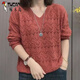 啄木鳥(niǎo)大碼女裝羊毛衫時(shí)尚洋氣v領(lǐng)鏤空顯瘦氣質(zhì)上衣針織衫百搭長(cháng)袖秋冬 磚紅色 3XL 145-160斤