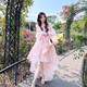 鉑朗尼奧公主裙成人蓬蓬裙拖尾高級甜美生日裙泡泡袖連衣裙海邊沙灘禮服裙 粉紅色 S