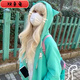 雙魚兔（SHUAGNYUTU）小貓咪耳朵長袖拉鏈衛(wèi)衣連帽外套女學生秋冬日系可愛開衫寬松上衣 湖綠色(高質(zhì)量棉料 四季可穿) XXS x(幼兒碼10kg內(nèi)可穿)