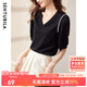尚都比拉御姐范氣質(zhì)t恤短袖夏季女裝新款v領(lǐng)泡泡袖小眾設(shè)計(jì)感針織衫 黑色 XL
