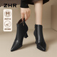 ZHR頭層牛皮女靴時(shí)尚尖頭粗跟短靴女秋冬百搭靴子女 S389 黑色 37 