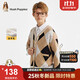 暇步士（Hush Puppies）童裝兒童開身線衣冬男童學(xué)院風(fēng)開衫女童格紋毛衣 暖卡其 140