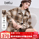 百圖betu女裝冬季新款毛呢外套牛角扣中長(cháng)款格紋大衣外套2411T30 咖條紋 M