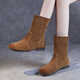 蜜凡蘇磨砂反絨翻毛皮中筒靴圓頭短靴女低跟軟平底復古文藝風(fēng)單靴 棕色 35