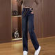 曼利鳥(niǎo)新款廣州新塘小個(gè)子窄版松緊腰直筒牛仔褲女款春秋高腰寬松闊腿褲 02水泥藍 XL L建議115斤-130斤