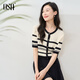 歐莎（OSA）薄款撞色條紋針織開(kāi)衫女短袖夏季2025年新款正肩T恤寬松短款上衣 黑杏條紋 L
