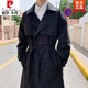 皮爾卡丹（pierre cardin）春秋男裝外套胖子風(fēng)衣男大碼中長(zhǎng)款風(fēng)衣男士雙排扣過(guò)膝外套男針織 黑色【配腰帶】 XL