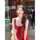 入秋謠紅色海邊度假風(fēng)碎花吊帶裙連衣裙女夏季辣妹收腰顯瘦綁帶短裙子潮 紅色 S