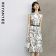 顏域水墨印花連衣裙2024夏裝優(yōu)雅背心裙中長(cháng)款圓領(lǐng)裙子 黑白花 S/36