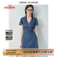 VEGA CHANG牛仔連衣裙女2025新款夏季小個(gè)子V領(lǐng)蕾絲花邊收腰短裙 海灣藍(短款) XL