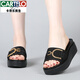 卡帝樂(lè )鱷魚(yú)（CARTELO）真皮拖鞋女夏外穿時(shí)尚百搭厚底涼拖2025年新款外出防滑松糕底涼鞋 黑色 34