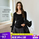 Olrain歐芮兒法式斜肩針織T恤女裝秋季2025新款蕩領(lǐng)系帶長袖上衣 黑色 S