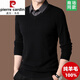 皮爾卡丹（pierre cardin）100%純羊毛衫男襯衫領(lǐng)春秋季商務(wù)休閑套頭v領(lǐng)男士假兩件毛衣薄 黑色 M/170【適合100-120斤】