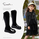斯納菲（Snoffy）兒童靴子冬季加絨時(shí)尚女童騎士靴保暖中大童軟底長(cháng)筒靴答臘黑35
