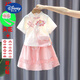 迪士尼（Disney）女童漢服夏季服裝寶寶改良超仙國風夏裝純棉兒童棉裝短袖套裝 粉色牡丹夏款收藏頭花美心貼 120身高105cm左右