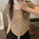 妙奕嘉正肩短袖女t恤女士新款2025年女裝緊身辣妹顯瘦上衣半袖女高腰短t U領(lǐng)修身短袖-卡其【100-120斤】
