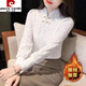 皮爾卡丹（pierre cardin）蕾絲打底衫女2024春季新款加絨加厚花邊釘珠盤(pán)扣洋氣內搭上衣 白色【全身款】 加絨 2XL 建議120-135斤