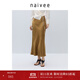 納薇（naivee）【100%醋酸】商場(chǎng)同款25夏流光中長(zhǎng)半身裙松緊腰 金色 S