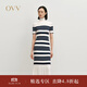OVV秋冬熱賣(mài)女裝經(jīng)典橫條紋高領(lǐng)長(cháng)袖羊毛針織連衣裙 藏青條紋 S