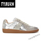 TYBURN素陌新款銀色德訓(xùn)鞋復(fù)古做舊休閑鞋韓版低幫平底拼色系帶板鞋 銀色 37