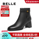 百麗（Belle）羊皮舒適優(yōu)雅靴女商場(chǎng)同款增高粗跟短靴B9C1DDD4 黑色-單里 37 (235mm)