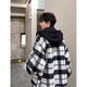 南笙范小香風(fēng)冬季外套男連帽毛呢大衣黑白格子大褂男女同款假兩件夾克 J327黑色 XL 【適合130-145斤】