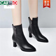 卡帝樂(lè )鱷魚(yú)（CARTELO）真皮中筒靴女2025新款春秋季粗跟軟皮短靴秋冬女鞋尖頭高跟馬丁靴 黑色--5公分(絨里) 37