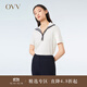 OVV2023春夏新款女裝絲棉混紡精致休閑半開(kāi)襟海軍風(fēng)短袖針織衫 米白鑲拼08 M