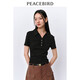 太平鳥(niǎo)女裝夏季翻領(lǐng)褶皺T恤POLO領(lǐng)短袖修身短款上衣女運動(dòng) 黑色 S