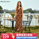 Olrain歐芮兒吊帶碎花連衣裙夏季女裝浪漫優(yōu)雅長(cháng)裙子度假沙灘裙 水仙咖 L