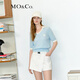 MO&Co.深V大翻領(lǐng)MC刺繡泡泡袖短袖薄款顯瘦針織衫上衣女moco 愛(ài)麗斯藍色 XS 155