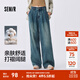 森馬（Semir）牛仔褲女純棉寬松闊腿褲顯瘦潮流秋季松弛感打褶長(cháng)褲腰帶復古 牛仔黃泥染80325 L