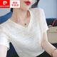 皮爾卡丹（pierre cardin）高檔蕾絲短袖t恤女士小衫2025夏季新款V領(lǐng)氣質(zhì)雪紡.衫上衣潮 SD1705 白色 L
