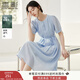 香影藍色天絲連衣裙女2025夏季新款萊賽爾收腰系帶圓領(lǐng)泡泡袖裙子 藍色 XL 170/92A/125-140斤