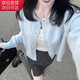 宙馨早秋慵懶風(fēng)韓系軟糯淺藍色針織衫毛衣外套新款短款外穿開(kāi)衫上衣女 藍色 均碼建議體重【80-125】
