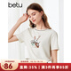百圖betu女裝夏季新款T恤撞色圓領(lǐng)兔子印花繡花圖案短袖女2406T18 米白 L