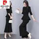 皮爾卡丹（pierre cardin）23年新款兩件套裙裝感女裝氣質(zhì)名媛時(shí)尚早秋顯瘦魚尾裙套裝潮 黑色 .【兩件套】 XL 超顯瘦【115-130斤】