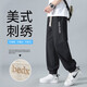 頂峰保羅（Dingfengbaoluo）日系純棉褲子男春夏潮牌刺繡寬松美式工裝休閑長(zhǎng)褲WH5605黑色2XL