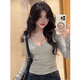 LDBE韓系辣妹純欲風(fēng)V領(lǐng)短款收腰緊身長(cháng)袖t恤女秋冬季內搭打底衫上衣潮 灰色 M