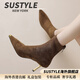 SUSTYLE國際高端品牌女裝2025冬季新款尖頭高跟短靴女絨面襪靴大碼女靴 咸菜綠[精美禮盒裝] 35 [標準碼]