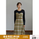 獨(dú)束大碼女裝【小森林格紋系列】拼接連衣裙女秋冬新款胖mm顯瘦絲絨裙 黑拼格紋長款 L
