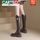 卡帝樂鱷魚（CARTELO）品牌真皮2023年秋冬新款厚底粗跟V口長筒靴女加絨騎士靴高筒靴子 淺棕色加絨 37