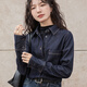 艾方鳥(niǎo)復古藍色軟牛仔襯衫女內搭疊穿正肩襯衣2024新款春秋小個(gè)子上衣 深藍色 L [建議111125斤